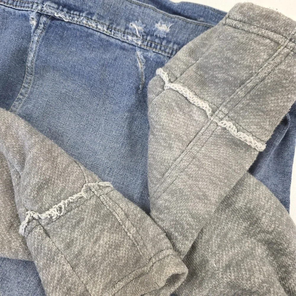 Free People Jacket Womens Large Blue Denim Hooded Sweatshirt Sleeve Button Front - Picture 12 of 13